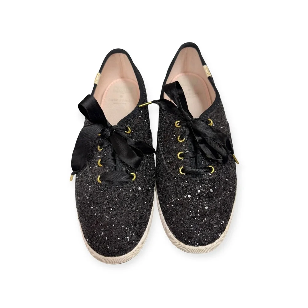 Keds x Kate Spade Black Glitter Champion Sneakers Satin‎ Laces Gold Trim 6.5